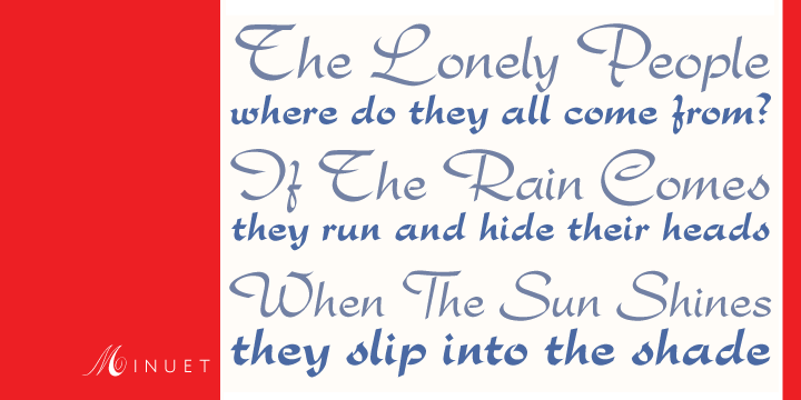 Minuet, an informal script with crossover deco elements giving it an unmistakable 1940s flavor, is a revival and expansion of the Rondo family, the last typeface drawn by Stefan Schlesinger before his death.