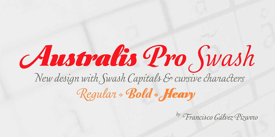 Australis Swash is a new variant that adds to the family of Australis Pro and it brings a touch of whimsy and mannerism to the shape of the cursive letters.