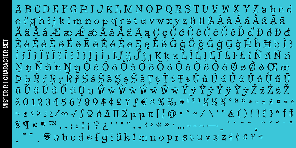 Displaying the beauty and characteristics of the Mister Rii PB font family.