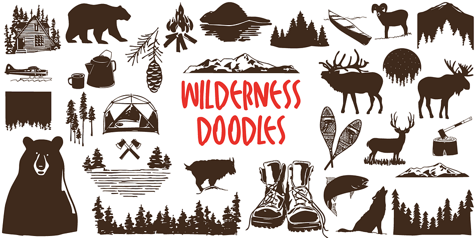 From boots to bears… Wilderness Doodles, an Alaskan inspired doodle font of 30 Northwoods illustrations.