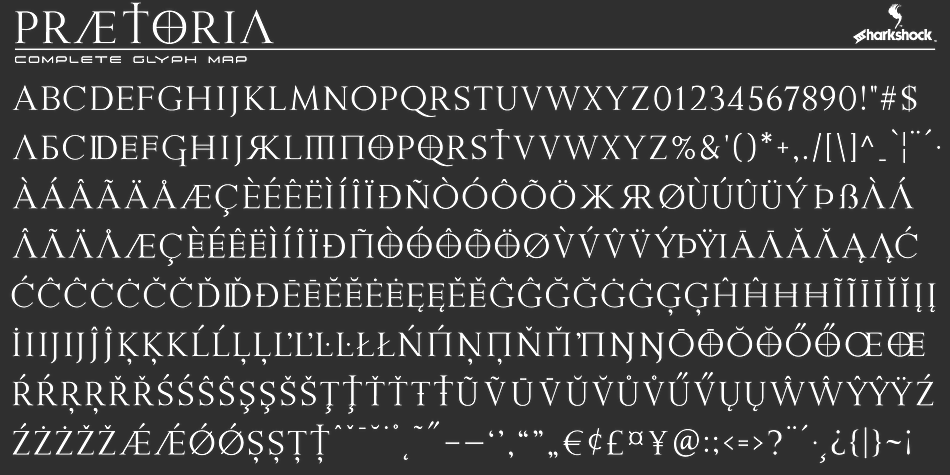 Praetoria is a serif titling font that was loosely modeled after the Roman square capitals used in ancient Rome.