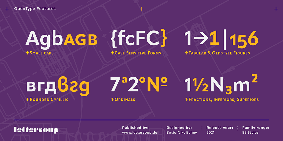 The font family comes in four widths, each in eleven weights with matching italics, for a total of 88 styles.