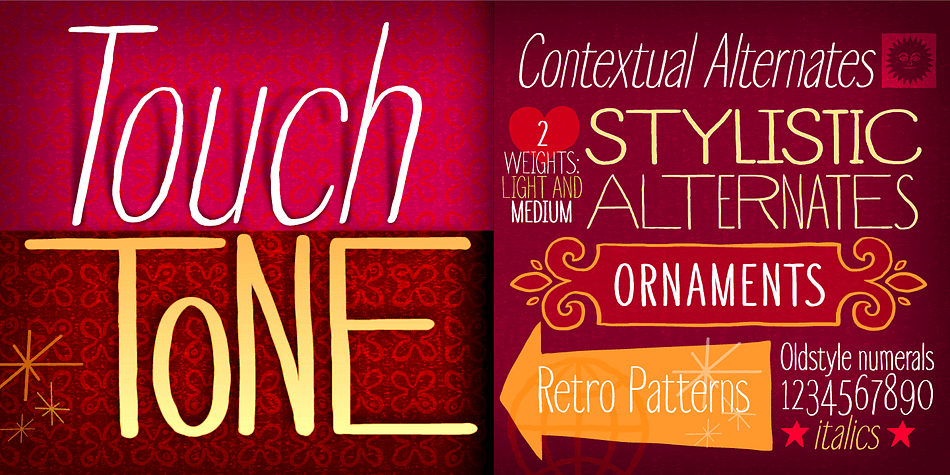 Touch Tone introduces a condensed lowercase and oblique italics to the uppercase font inspired by the "Dr. Strangelove" movie titles – designed by Pablo Ferro.