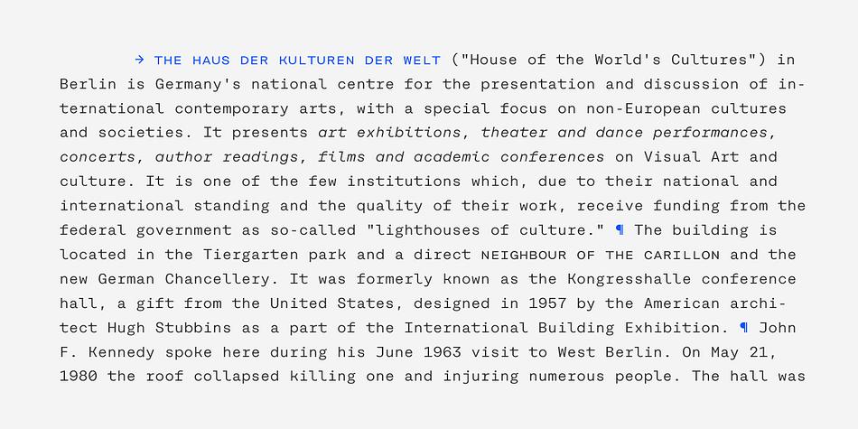 It is a monospaced font building on the same principles as its proportional, neogrotesque brother, such as maximum legibility and flexibility while combining swiss and american gothic elements with a modern aesthetic.