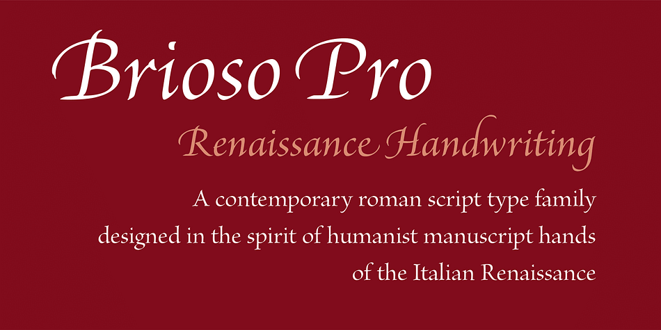 Brioso Pro is a new typeface family designed in the calligraphic tradition of the Latin alphabet.