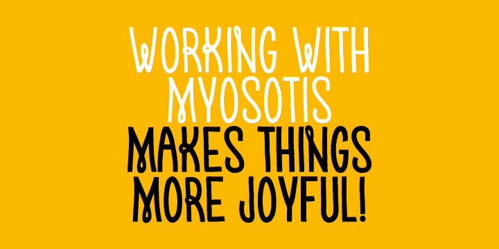 The design’s lanky letterforms and looped strokes also add to this distinct personality, making the Myosotis family an excellent choice for informal display settings in need of panache.