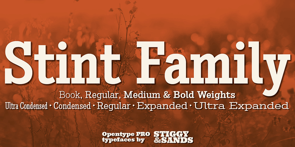 Our Stint Family was originally influenced by extra wide letterform styles and developed later to create an ultra condensed range of fonts and the widths in-between.