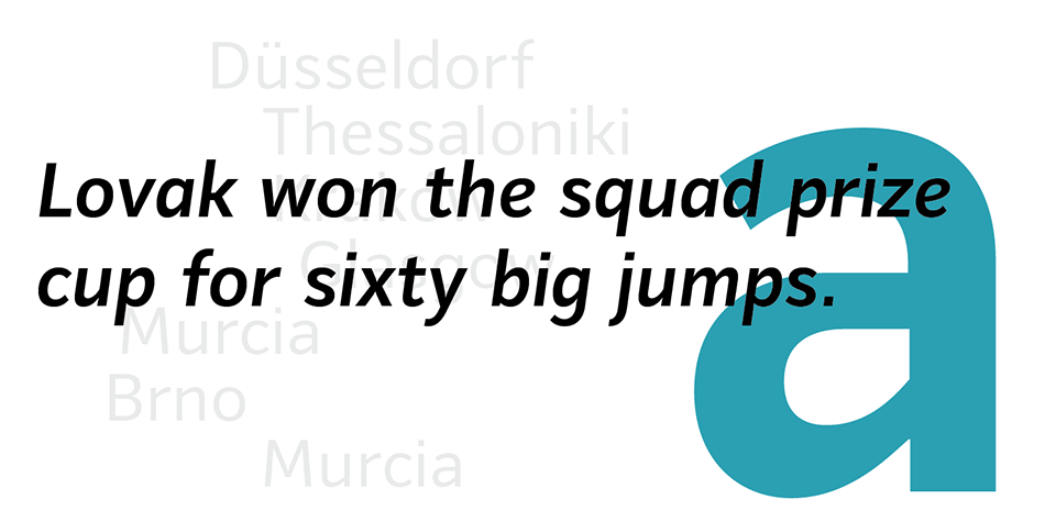 The family contains 30 fonts in 3 widths: 8 romans with matching italics, of slightly extended proportions, from Thin to Black; 7 narrow and 7 condensed, from Thin to ExtraBold.