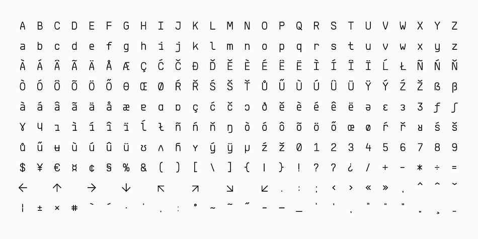 As a special feature, Klartext contains a bunch of uncommon glyphs like the German capital sharp S, a nice arrowset and a complete phonetic alphabet.