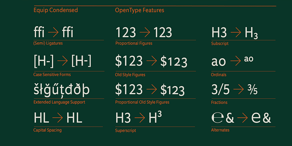 All weights contain semi-ligatures (design optimized single characters), proportional lining figures, tabular lining figures, proportional old style figures, lining old style figures, matching currency symbols, fraction- and scientific numerals and arrows.