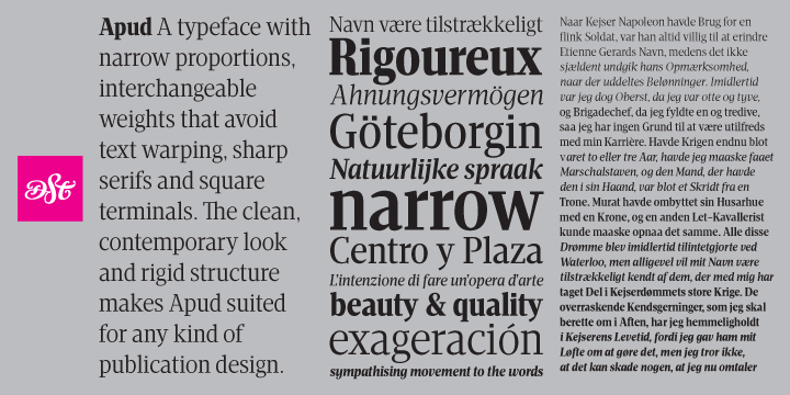 Apud, a typeface with narrow proportions, interchangeable weights that avoid text warping, sharp serifs and square terminals.