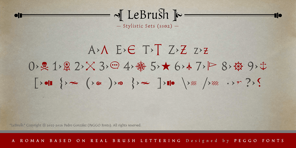 Designed by Pedro Gonzalez Jorquera, LeBrush is a dingbat, serif and display serif font family.