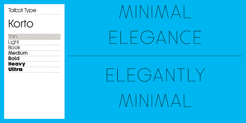 Inspired by classic sans-serifs Futura and Avant Garde, this elegantly minimal typeface is available in a comprehensive family of seven weights.