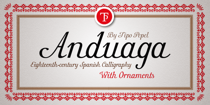 The Anduaga typeface is the interpretation of the calligraphy that Joseph Anduaga proposed for teaching the first letters in the book published in 1780 Arte de escribir por reglas y sin Muestras...