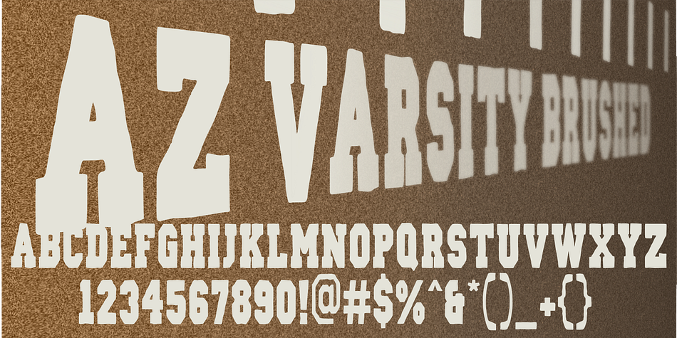AZ Varsity font was inspired from a combination of typical collegiate t-shirts designs and also the current wave of Hollister t-shirt designs (rough look)
This font utilizes an "old look" to the line work which is designed to have a "worn feel" to it.