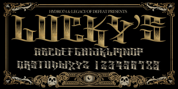 Displaying the beauty and characteristics of the H74 Luckys Flash font family.