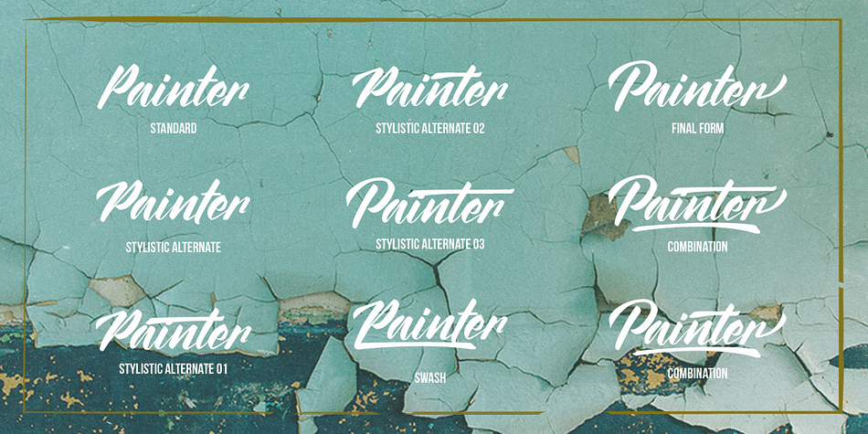 The Painter comes in 2 variants, Regular and Rusty, with alternate characters divided into OpenType features such contextual alternate, stylistic alternates, stylistic sets, ligatures, fina, and swash.