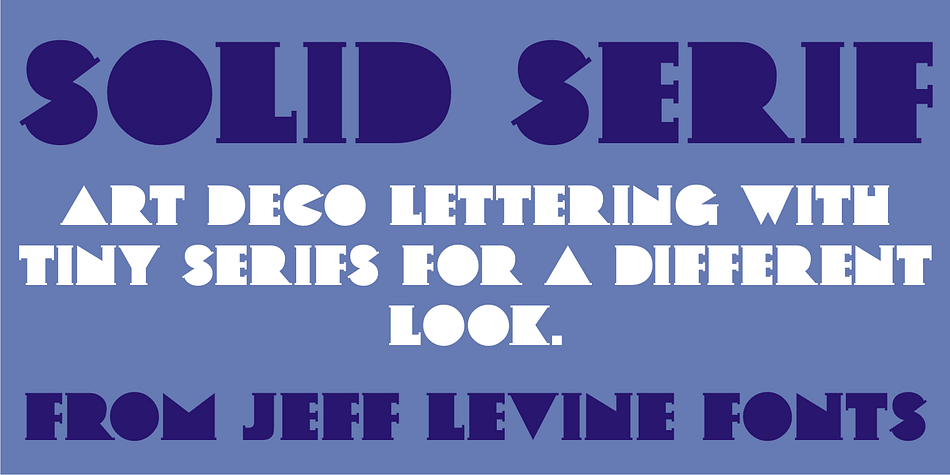 Solid Serif JNL adds tiny serifs to the letter forms of Parkitecture JNL and changes the look and feel into an Art Deco Roman face for display, titling and period pieces.