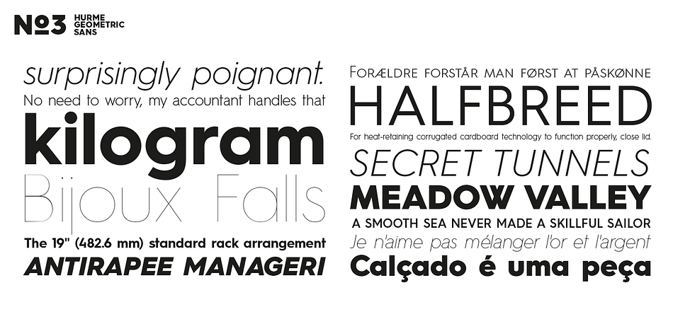 Hurme Geometric Sans is a series of font families all with distinctive qualities and features but share the same basic construction and proportions.