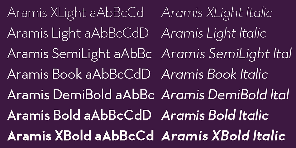 Aramis is well suited for advertising, logo, billboards, small text, signage, branding, packaging, editorial, posters, web and screen design.