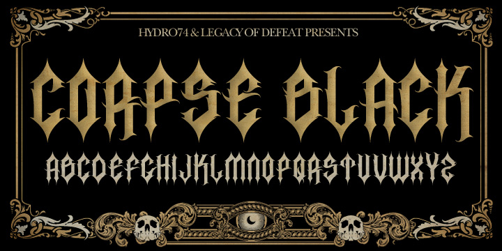 Displaying the beauty and characteristics of the Corpse Black font family.