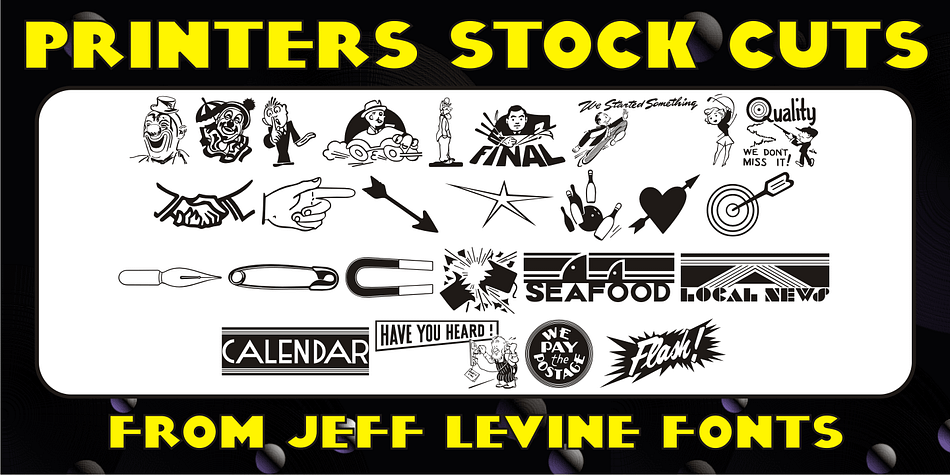 Still more vintage letterpress cartoons, cuts, dingbats, ad enhancers and embellishments comprise Printers Stock Cuts JNL.