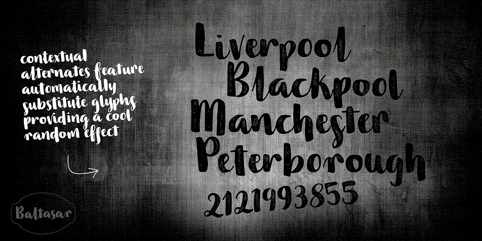 When the font is used in OpenType-savvy applications, the 3 variants of glyphs are automatically alternated to achieve a random-like effect.