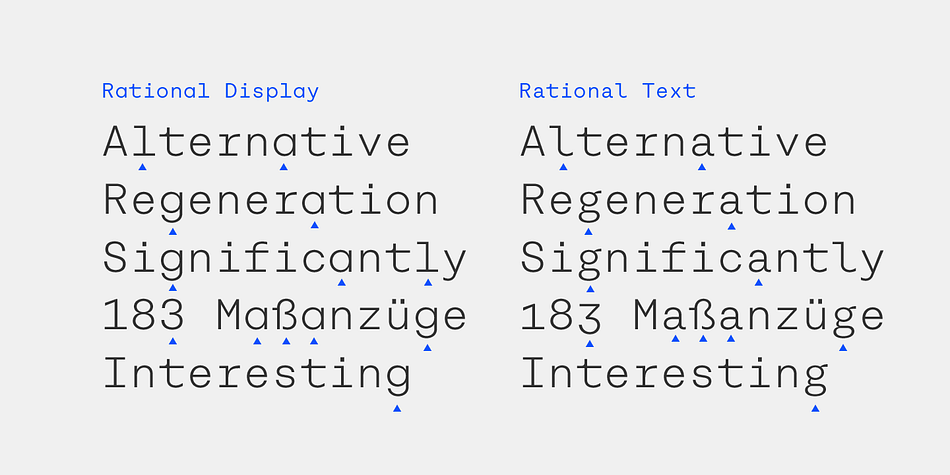 Rational TW Display, on the other hand, creates a geometric uniformity by implementing round shapes in “a” and “g”, giving it a subtle friendly and open character.