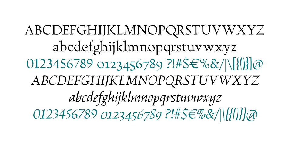 The asymmetrical shapes of the undulating serifs cause the characters to have a large aperture.