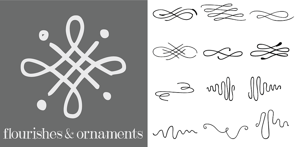 50 hand-drawn fresh, contemporary flourishes and ornaments that work with all the Outside the Line alphabet and doodle fonts.