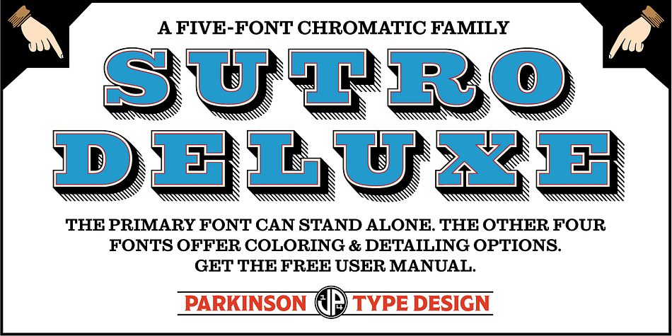 Sutro Deluxe is a five font chromatic, or layered font family.