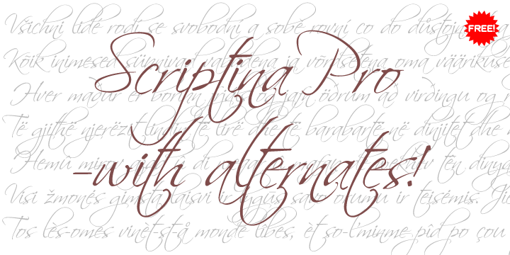 After first cleaning up the outlines, spacing and kerning, Scriptina Pro has been expanded with a set of alternate letters without the loops and swashes, using the OpenType contextual alternates feature to switch them around automatically to avoid too many overlapping and repeating elements.