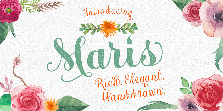 Maris is a rich, elegant script, subtly characterized by a whimsical handwritten calligraphy.