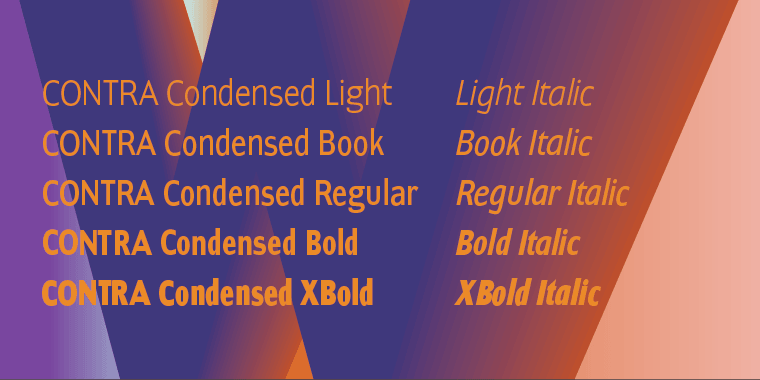 »Contra Cond« is the condensed version of my Contra family of fonts.