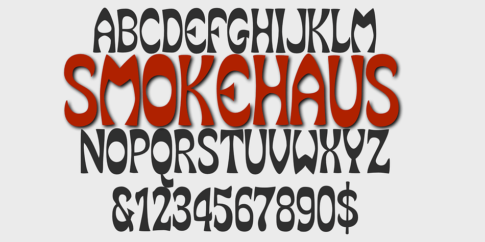 SmokeHaus is a caps-only, reverse-contrast display typeface with flare serifs and bold, rounded letters.