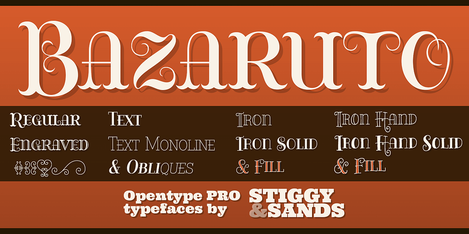 The Bazaruto family was inspired by an old fashioned specimen from “Letters and Lettering” by Carlyle & Oring, but you