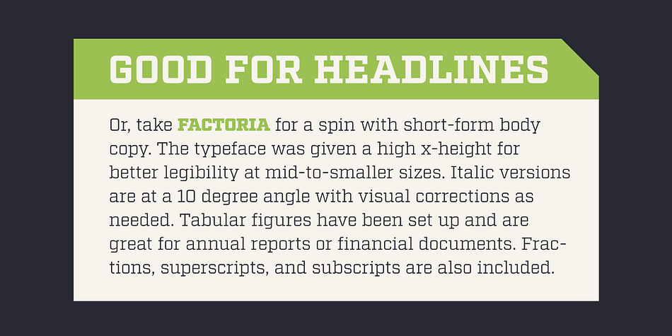 Factoria font family example.