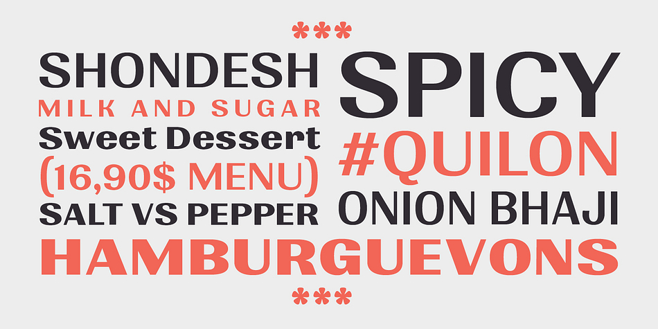 Displaying the beauty and characteristics of the Quilon font family.
