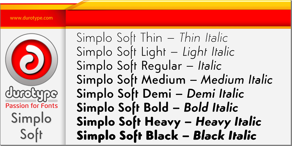 In Simplo Soft, Simplo’s original sharp geometrics have been tempered by the moderate rounding of the edges of its characters — creating a softer and friendlier geometric typeface.