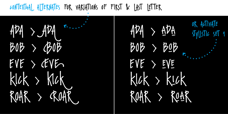Opentype features, such as contextual alternates, for replacing beginning and ending glyphs as you type and double letter ligatures are also included.
