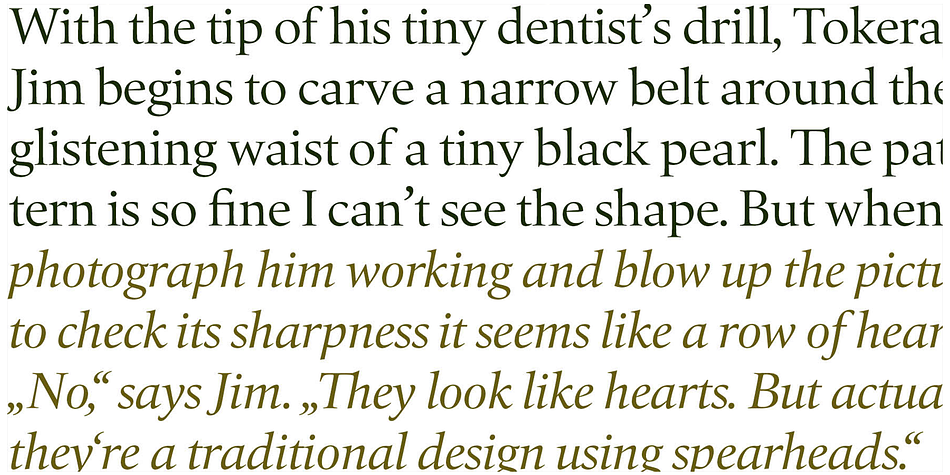 Although it has strong qualities as a reading type, its distinct and powerful ductus makes it superb for headlines and in display sizes.