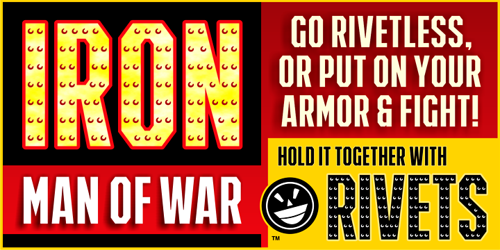 Replete with buckets of rivets and powerful angles, the IMOW font family will help you lock down a layout in ways regular typefaces can