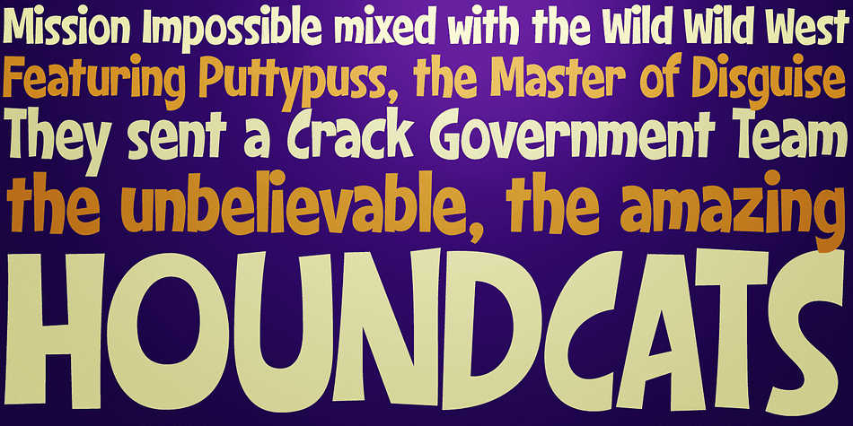 A light hearted comic sans-serif typeface inspired by a 1972 cartoon of the same name, Houndcats works with all it’s got to convey a funky, friendly, fantastic persona.