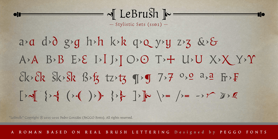 LeBrush is designed by Pedro Gonzalez Jorquera, has extensive Latin language support and features three extra dingbat fonts.