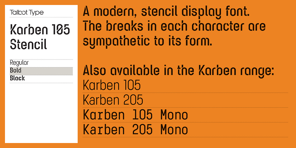 Displaying the beauty and characteristics of the Karben 105 Stencil font family.