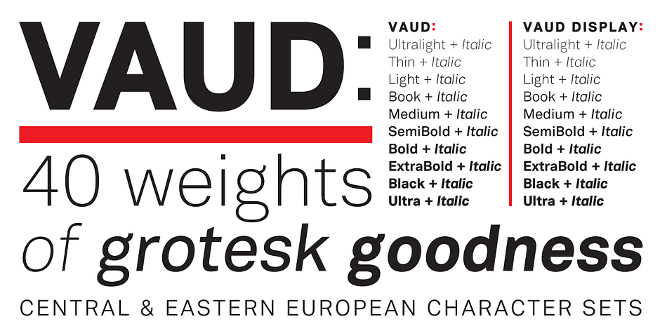 The Vaud and Vaud Display family is a series of forty typefaces for screen use, text setting and display-size design.