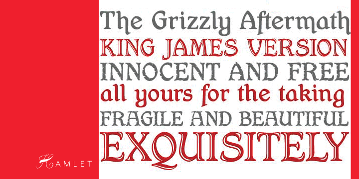 Based on a specimen of an obscure and uncredited old face called Kitterland, Hamlet is one of those curiosities hardly ever noticed in the world of modern fonts, the kind that infuses a variety of historic Blackletter and calligraphy traits in an otherwise Roman alphabet.