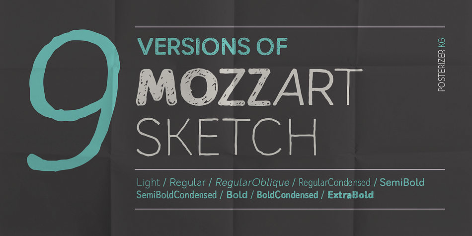 Mozzart Sketch is decorative version of Mozzart Sans, slightly rounded, Neo-Grotesque corporate font, created for MOZZART D.O.O.