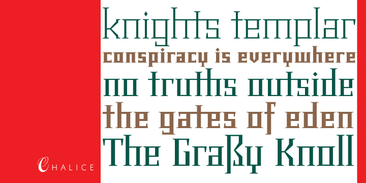 Chalice is a new original Canada Type family inspired by two different engraving eras and locations: Medieval England and 19th century Russia.