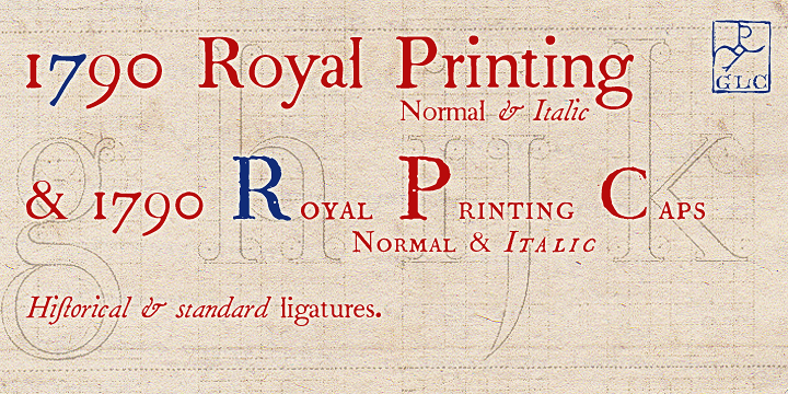 Displaying the beauty and characteristics of the 1790 Royal Printing font family.